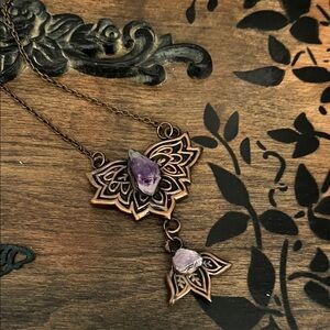 Source Unknown Copper Lotus Necklace with Purple Amethyst Accents